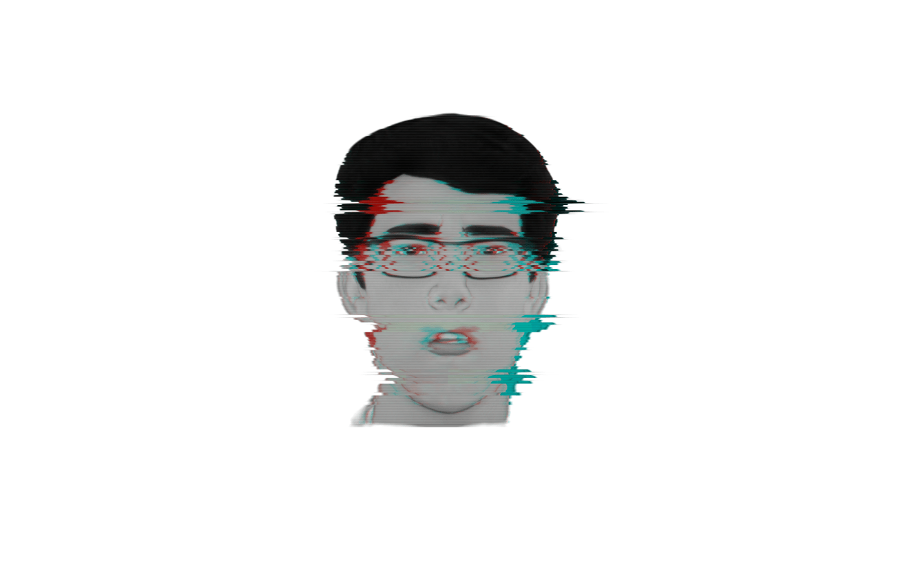 Image of a person's head and shoulders with a glitch effect on a white background.