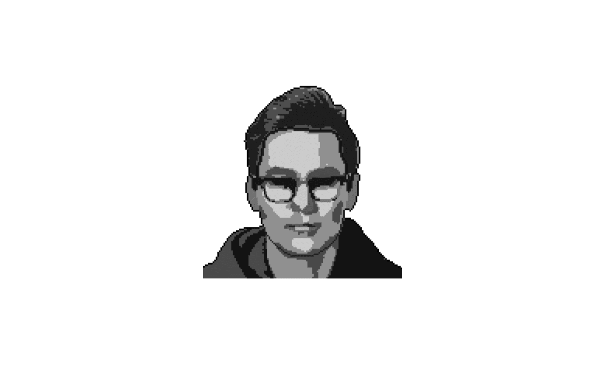 Pixel art portrait of a person wearing glasses and a hoodie, with a neutral facial expression.