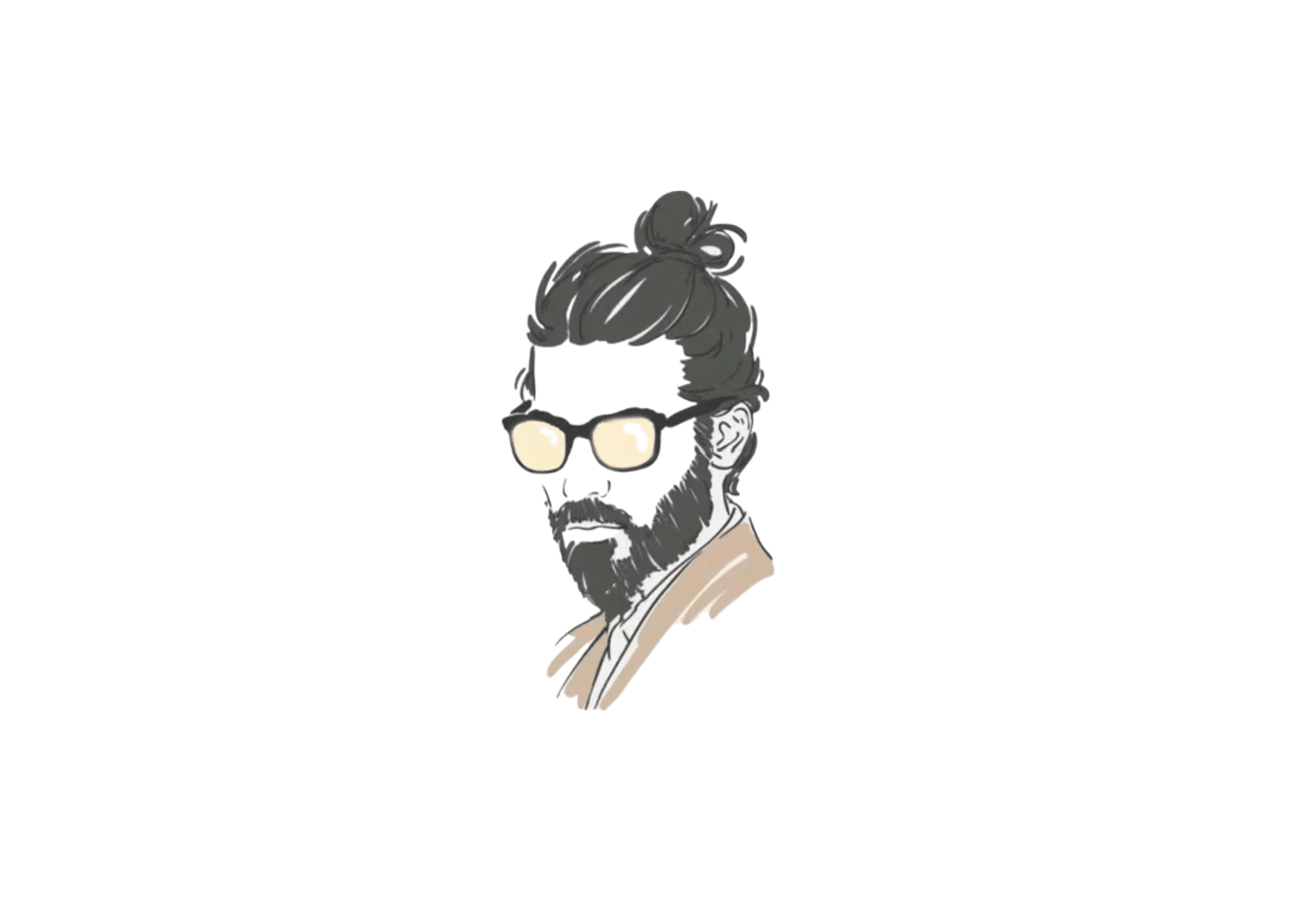 Illustration of a person with a topknot hairstyle and glasses, wearing a brown shirt.